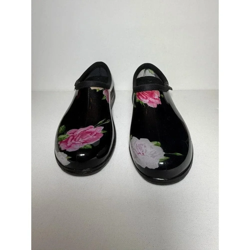 Sloggers Rain and Garden Black Clogs W Bright Pink and White Florals Sz 7 NWOT